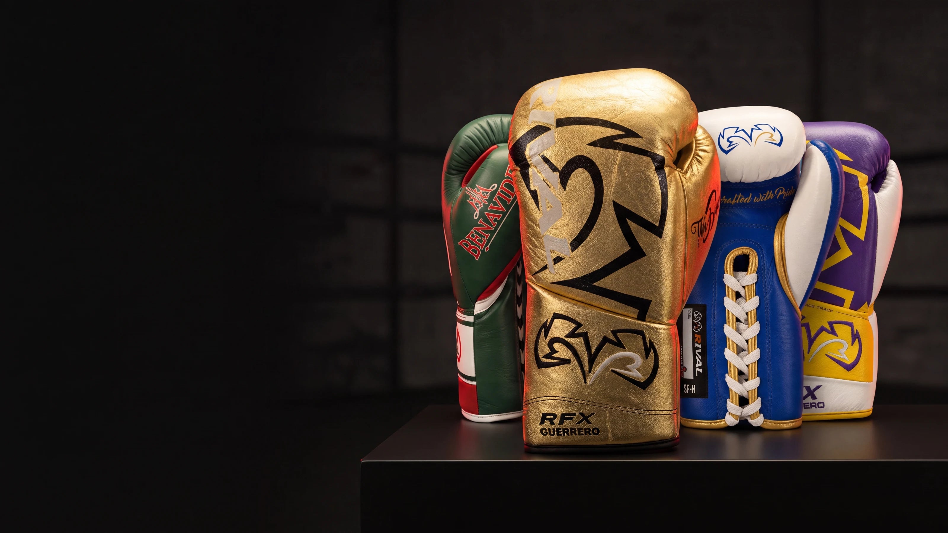 Rival RFX Guerrero custom gold, green, blue and purple fight gloves