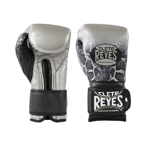 Cleto Reyes Training Boxing Gloves with Hook and Loop Closure – Silver/Black Steel Snake