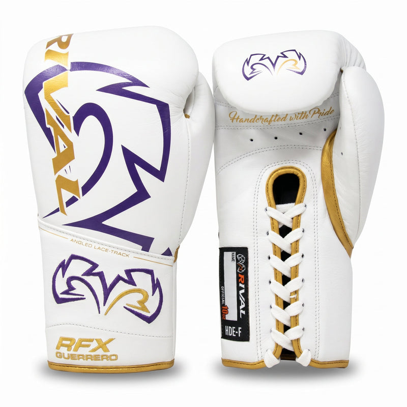 Rival RFX-Guerrero Pro Fight Gloves HDE-F – White, Purple & Gold Custom Colorway – 10oz