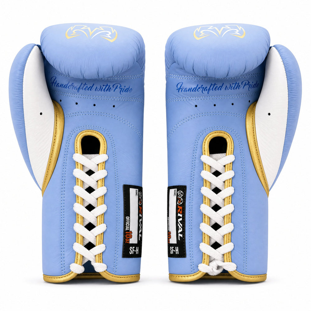 Rival RFX-Guerrero Pro Fight Gloves SF-H – Sky Blue & Gold Custom Colorway – 10oz - Fight Shop