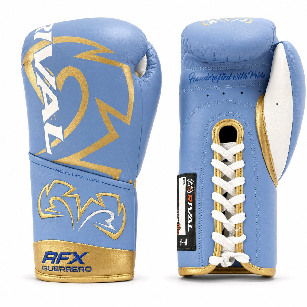 Rival RFX-Guerrero Pro Fight Gloves SF-H – Sky Blue & Gold Custom Colorway – 10oz - Fight Shop