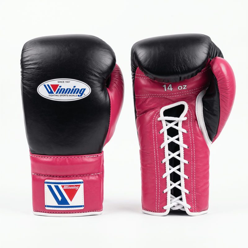 Winning Lace-Up Boxing Gloves - Black / Fuchsia