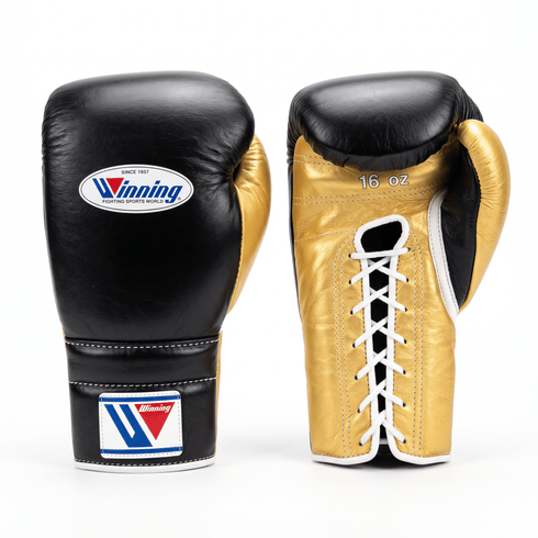 Winning Lace-Up Boxing Gloves - Black / Gold - Fight Shop