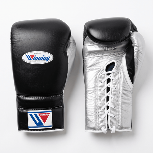 Winning Lace-Up Boxing Gloves - Black / Silver - 16 oz - Fight Shop