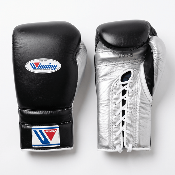 Winning Lace-Up Boxing Gloves - Black / Silver - 16 oz