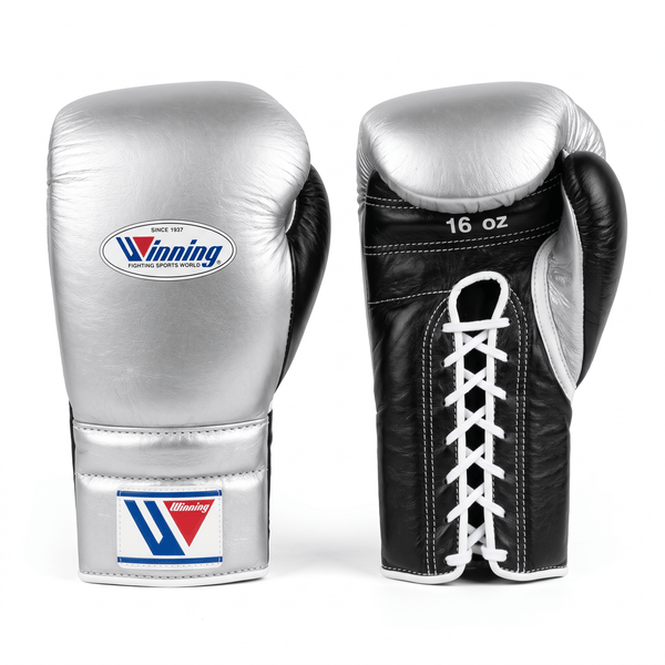 Winning Lace-Up Boxing Gloves - Silver / Black