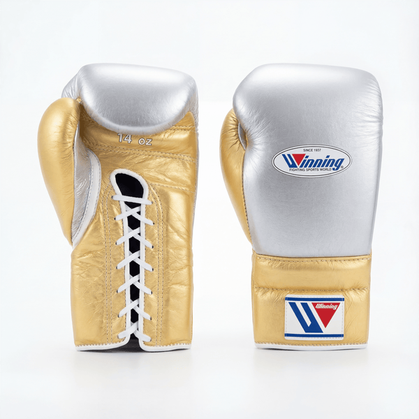 WINNING LACE-UP BOXING GLOVES - SILVER/GOLD